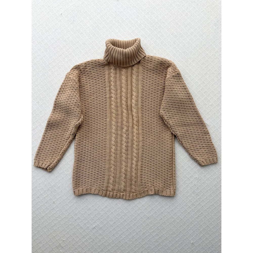 Vintage Wainscott Cable Knit Turtleneck Tunic Sweater Tan Cotton Small 80s 90s